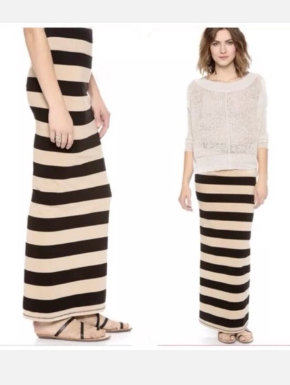 Free People Black and Cream Horizontal Stripe Maxi Skirt